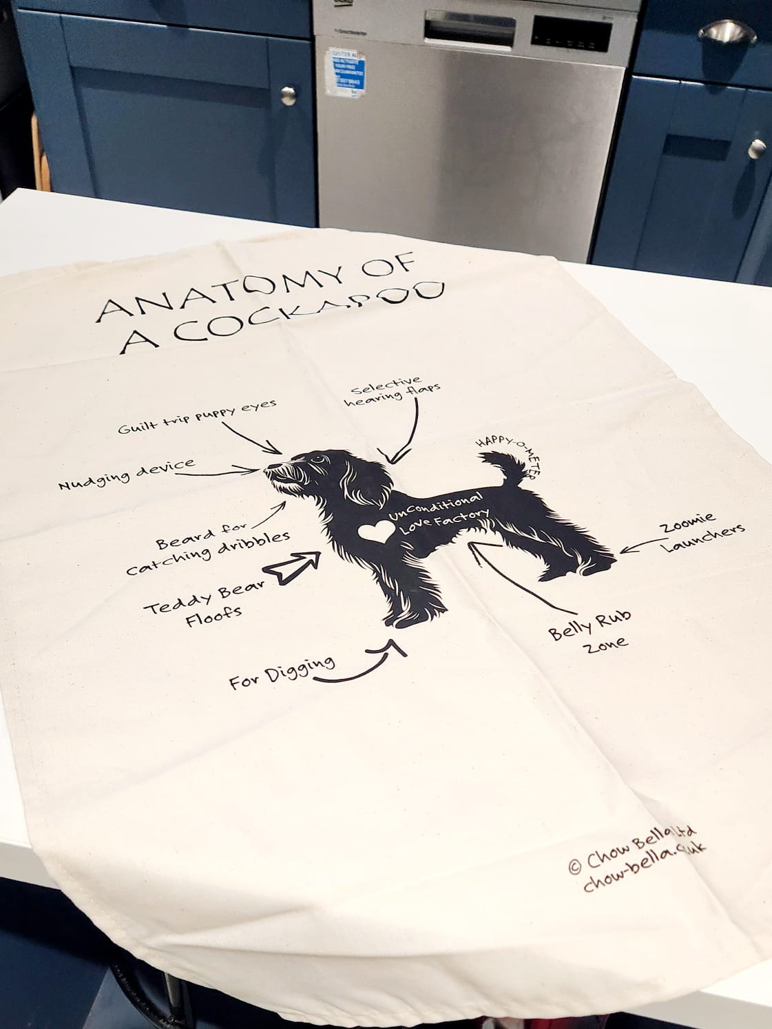 Fairtrade organic cotton tea towel – Anatomy of a Cockapoo design