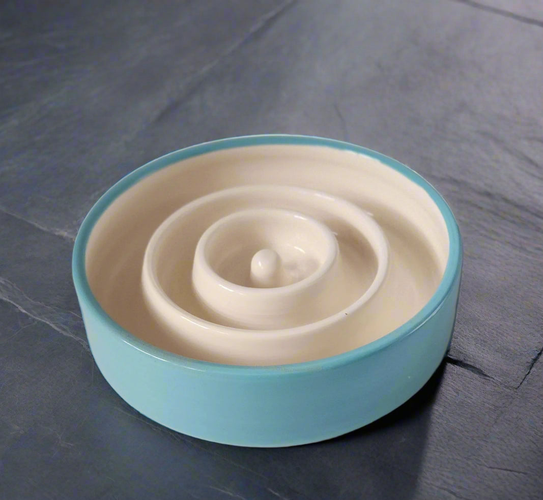 ceramic dog bowl with blue rim and beige center on a light gray background